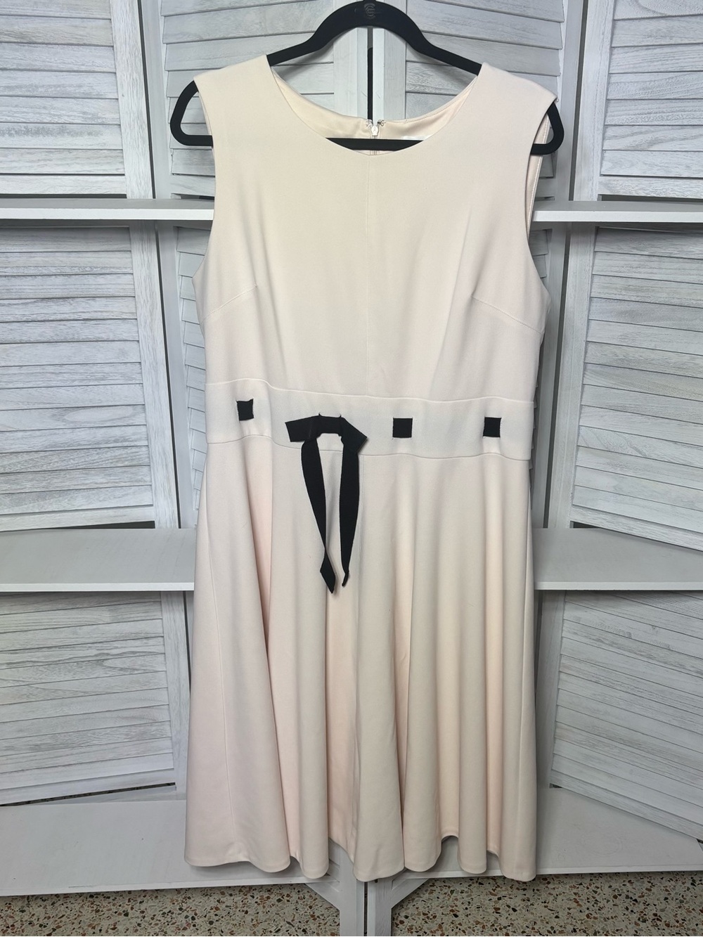Calvin Klein Cream Ivory Fit & Flare Dress Black Bow Accent Size 16